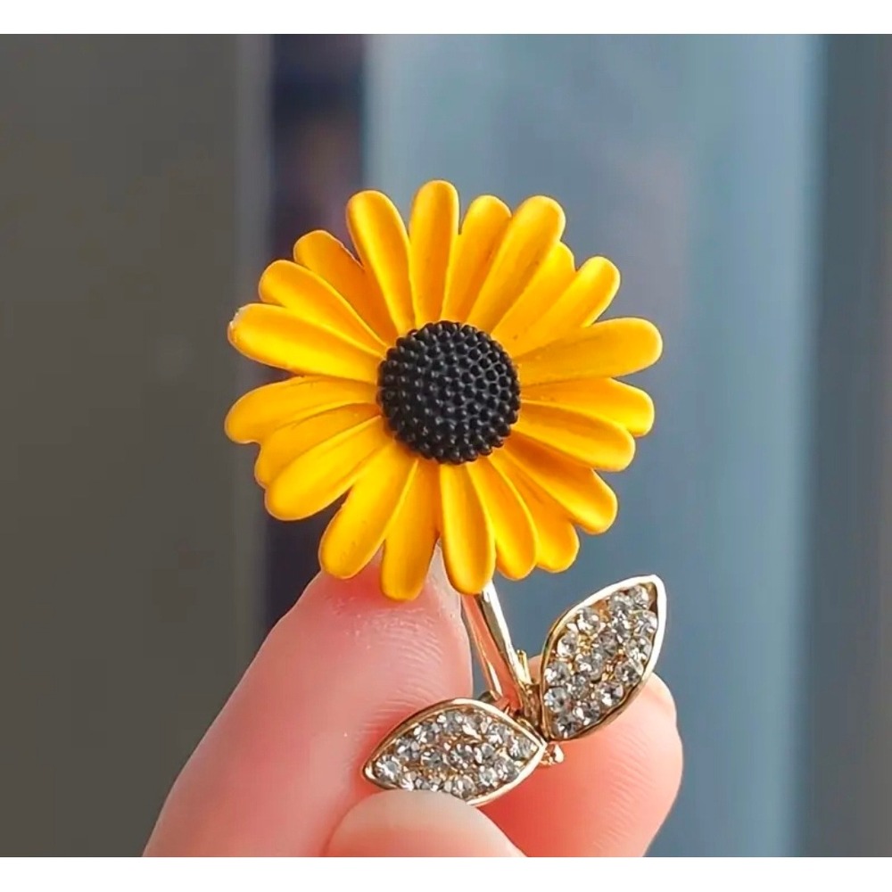 Gold Tone Sunflower Brooch Pin‎ Rhinestone Leaves Yellow Flower Women Jewelry